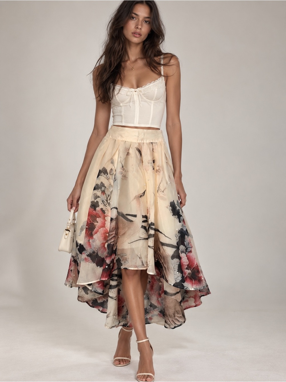 Chelsea Floral Pearl Embellished High Low Chiffon Skirt Medium